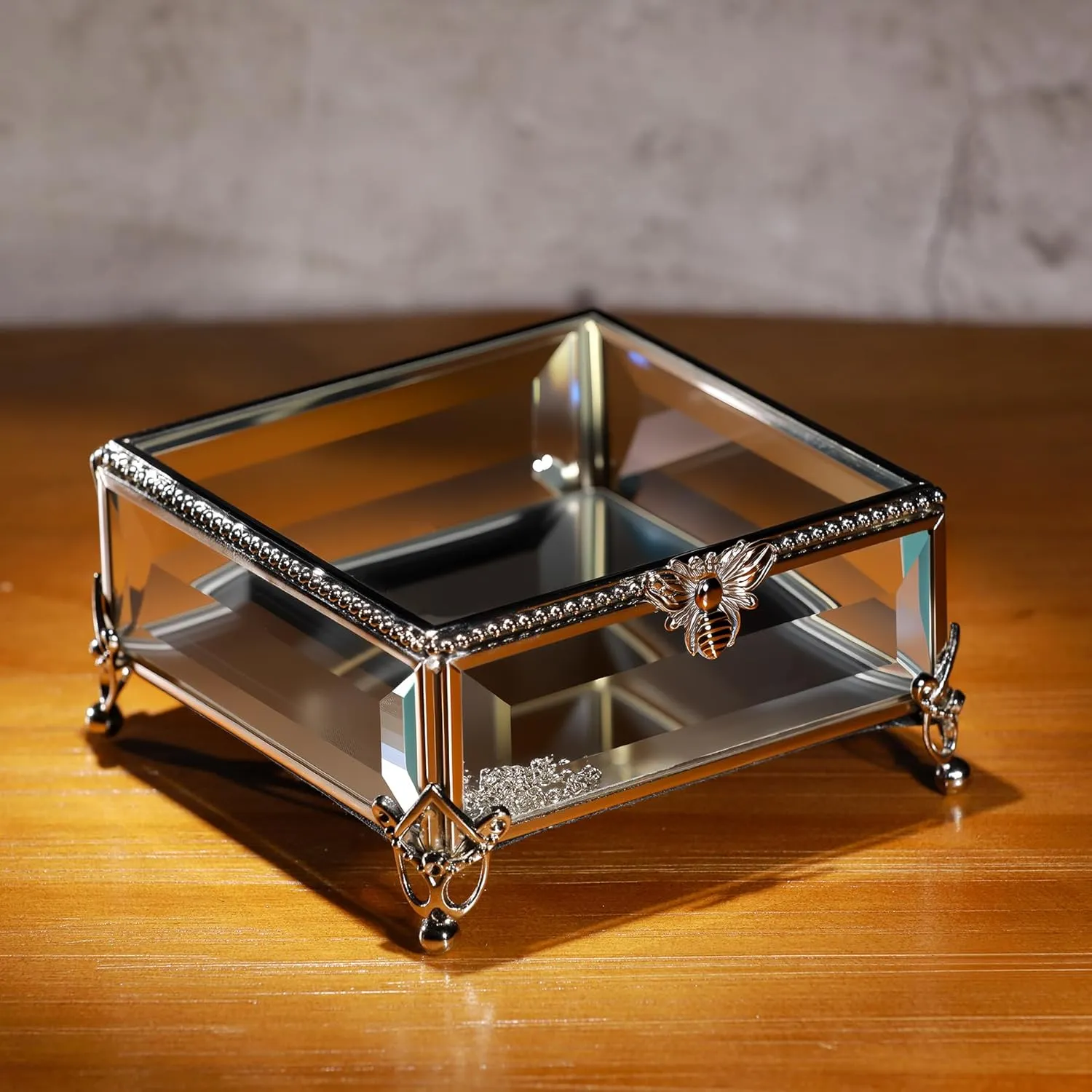 Rectangular Vintage Glass Jewelry Box with Hinged Lid, Jewelry Ring, Bracelet, Souvenir Metal Display Box, Transparent Storage Box.(5.2x5.2x2.7Inches)