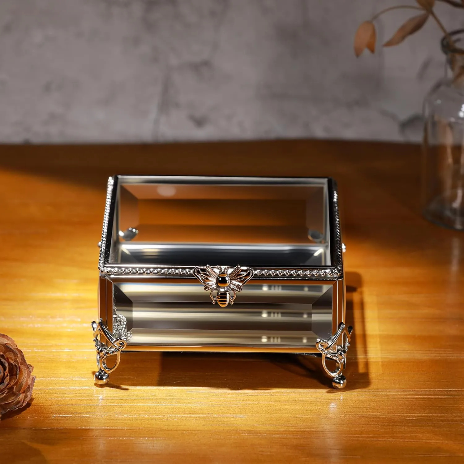 Rectangular Vintage Glass Jewelry Box with Hinged Lid, Jewelry Ring, Bracelet, Souvenir Metal Display Box, Transparent Storage Box.(5.2x5.2x2.7Inches)