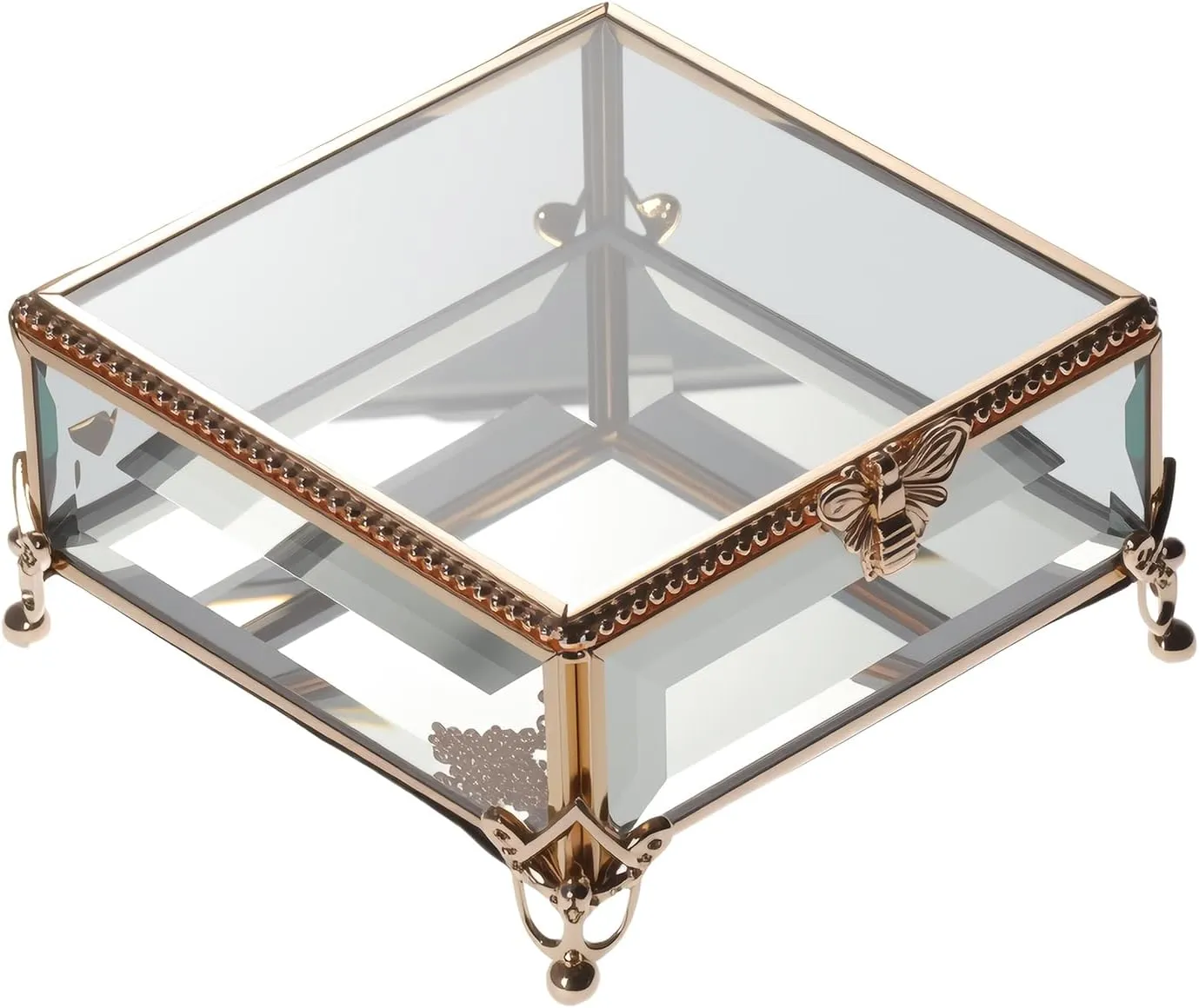 Rectangular Vintage Glass Jewelry Box with Hinged Lid,Jewelry Ring, Bracelet, Souvenir Metal Display Box, Transparent Storage Box.(5.1x5.1x2.6inches)