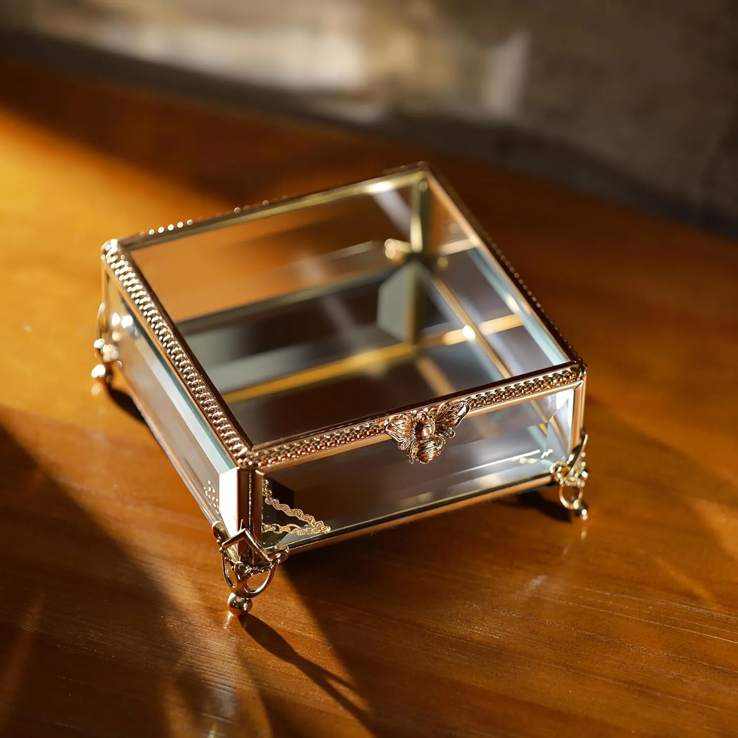 Rectangular Vintage Glass Jewelry Box with Hinged Lid,Jewelry Ring, Bracelet, Souvenir Metal Display Box, Transparent Storage Box.(5.1x5.1x2.6inches)
