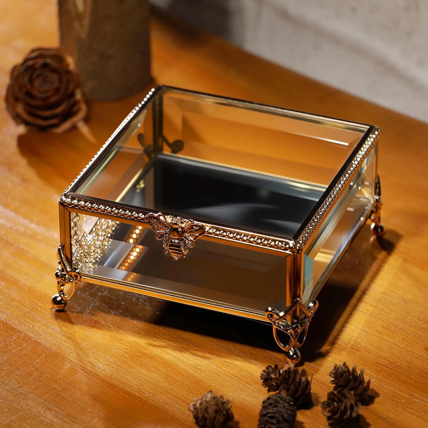 Rectangular Vintage Glass Jewelry Box with Hinged Lid,Jewelry Ring, Bracelet, Souvenir Metal Display Box, Transparent Storage Box.(5.1x5.1x2.6inches)