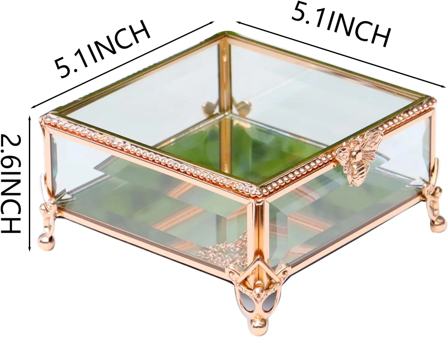 Rectangular Vintage Glass Jewelry Box with Hinged Lid,Jewelry Ring, Bracelet, Souvenir Metal Display Box, Transparent Storage Box.(5.1x5.1x2.6inches)