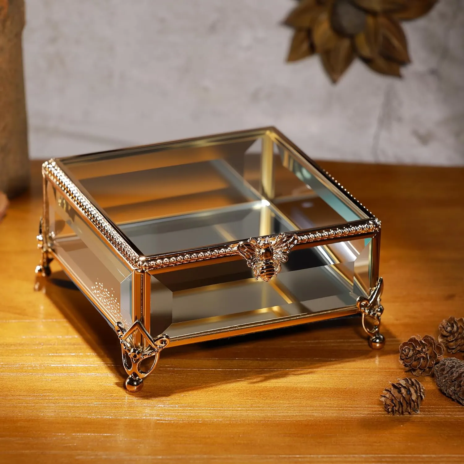 Rectangular Vintage Glass Jewelry Box with Hinged Lid,Jewelry Ring, Bracelet, Souvenir Metal Display Box, Transparent Storage Box.(5.1x5.1x2.6inches)