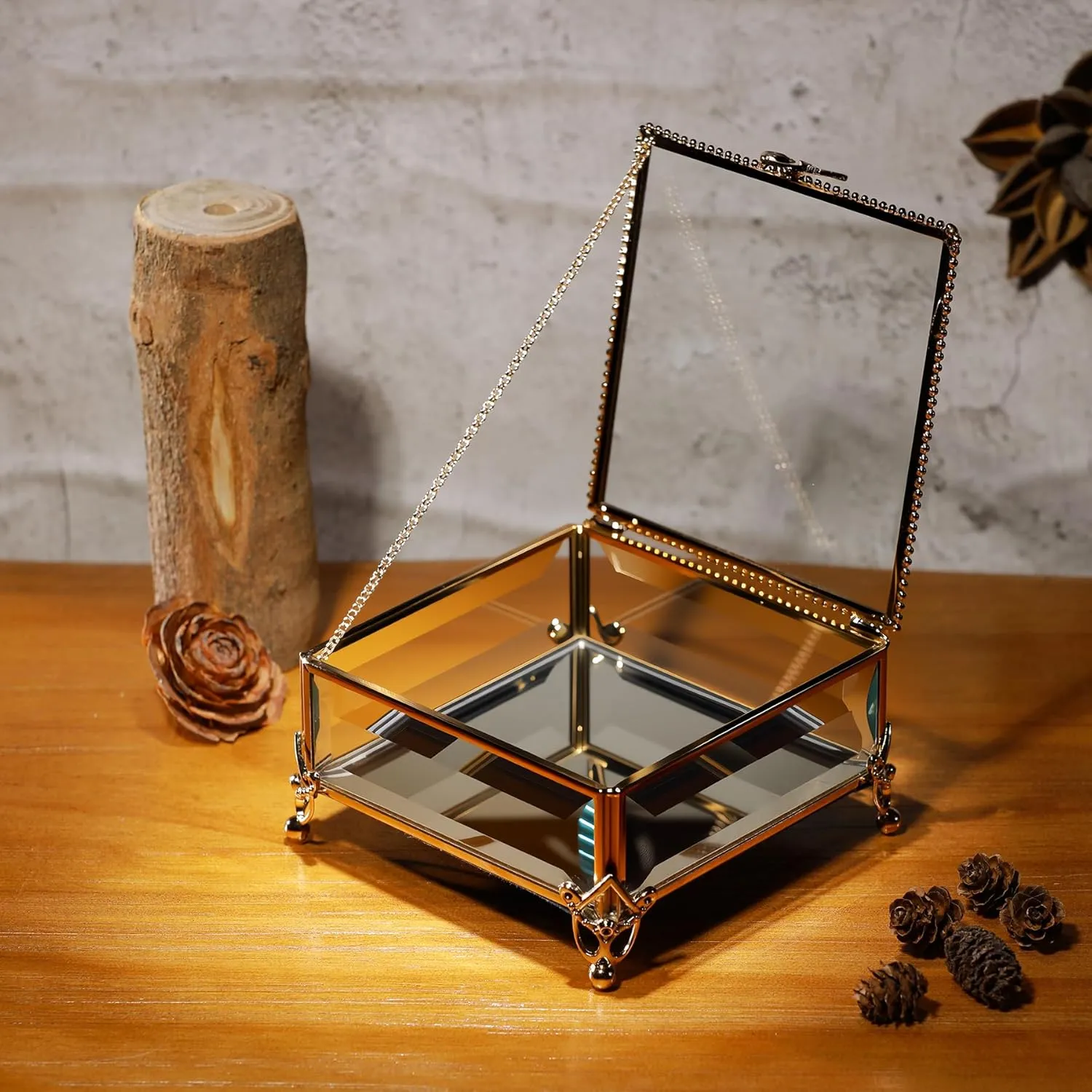 Rectangular Vintage Glass Jewelry Box with Hinged Lid,Jewelry Ring, Bracelet, Souvenir Metal Display Box, Transparent Storage Box.(5.1x5.1x2.6inches)