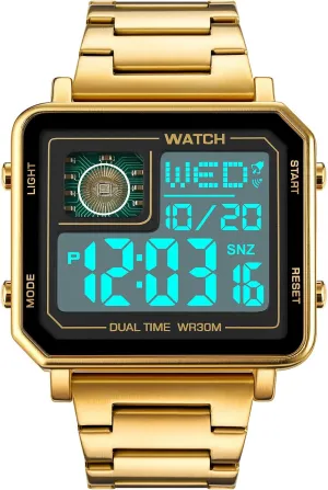 Reginald Watches for Men Fashion Trend Multifunction Outdoor Sports Watch LED Large Digital Display Chronograph Stainless Steel Square Watches