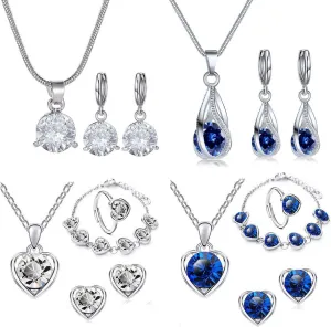 Rhinestone Silver Jewelry Sets For Women Shiny Crystal CZ Bridal Necklace Earrings set for Wedding Party set