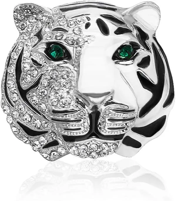 Rhinestone Tiger Head Brooch Pins.Gold Silver Animal Lapel Pin,Charm Lion Coat Collar Brooch for Men Suit Pin