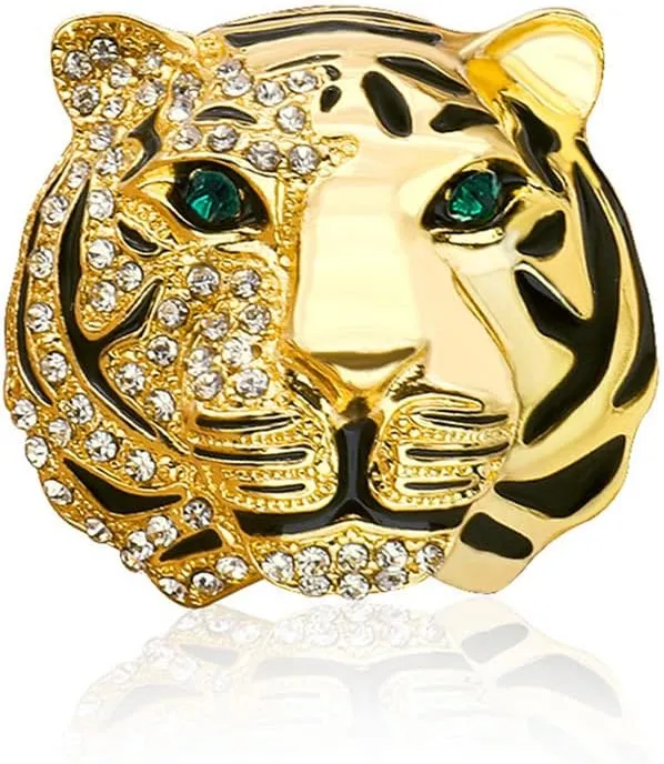 Rhinestone Tiger Head Brooch Pins.Gold Silver Animal Lapel Pin,Charm Lion Coat Collar Brooch for Men Suit Pin