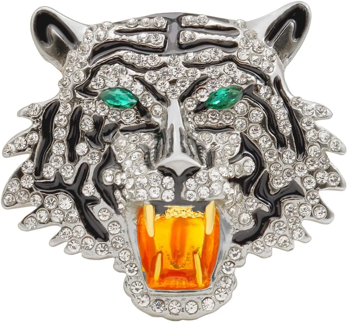 Rhinestone Tiger Head Brooch Pins,Vintage Punk Crystal Animal Tiger Suit Pin Gold Silver Animal Tiger Badge Lapel Pin for Men Suit Pin