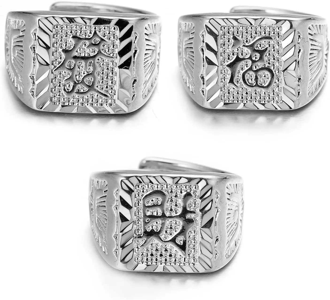Rings for Men Gold with Diamonds Iced Out RICH/WEALTH/LUCK 18k Real Gold/White Gold Plated KANJI Ring Handmade Size Adjustable Birthday Gift Party Jewelry