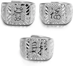 Rings for Men Gold with Diamonds Iced Out RICH/WEALTH/LUCK 18k Real Gold/White Gold Plated KANJI Ring Handmade Size Adjustable Birthday Gift Party Jewelry