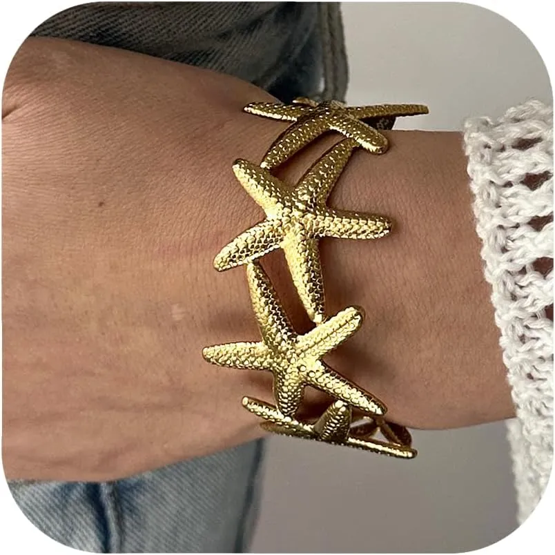 RINHOO Wide Gold Cuff Bracelets for Women Starfish Shell Bow Statement Open Bangle Stainless Steel Chunky Hammered Floral Bangle Bracelets Jewelry