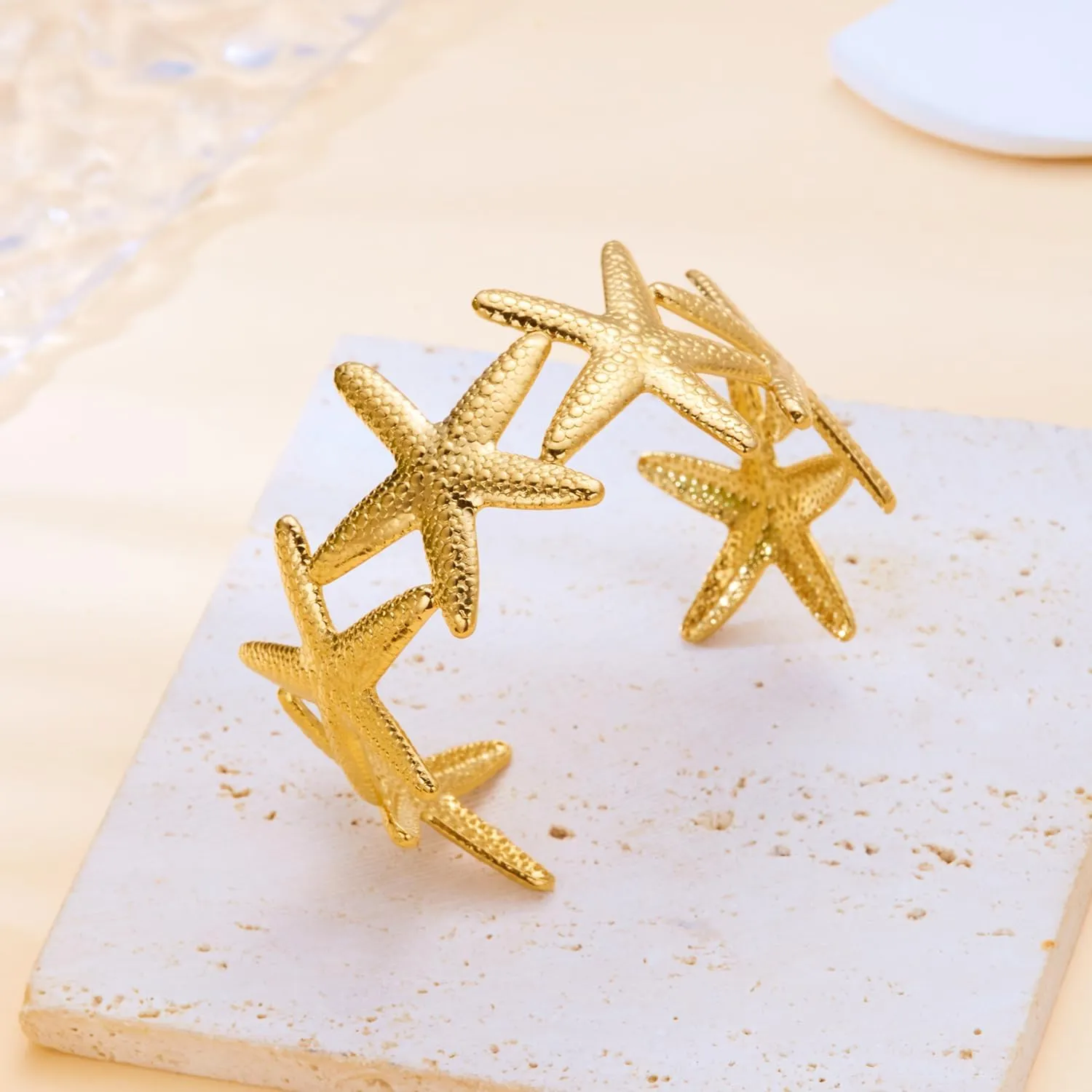 RINHOO Wide Gold Cuff Bracelets for Women Starfish Shell Bow Statement Open Bangle Stainless Steel Chunky Hammered Floral Bangle Bracelets Jewelry