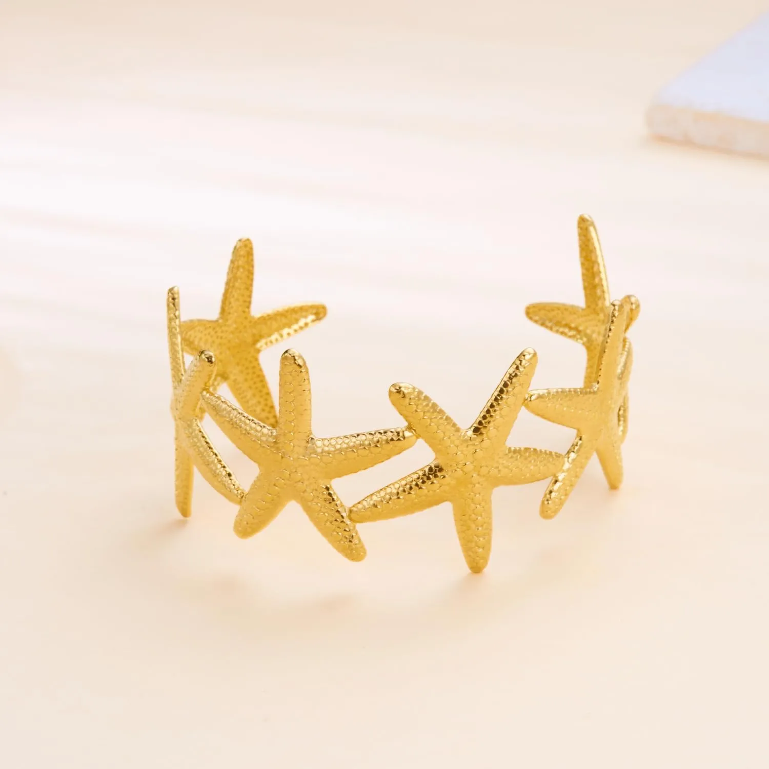 RINHOO Wide Gold Cuff Bracelets for Women Starfish Shell Bow Statement Open Bangle Stainless Steel Chunky Hammered Floral Bangle Bracelets Jewelry