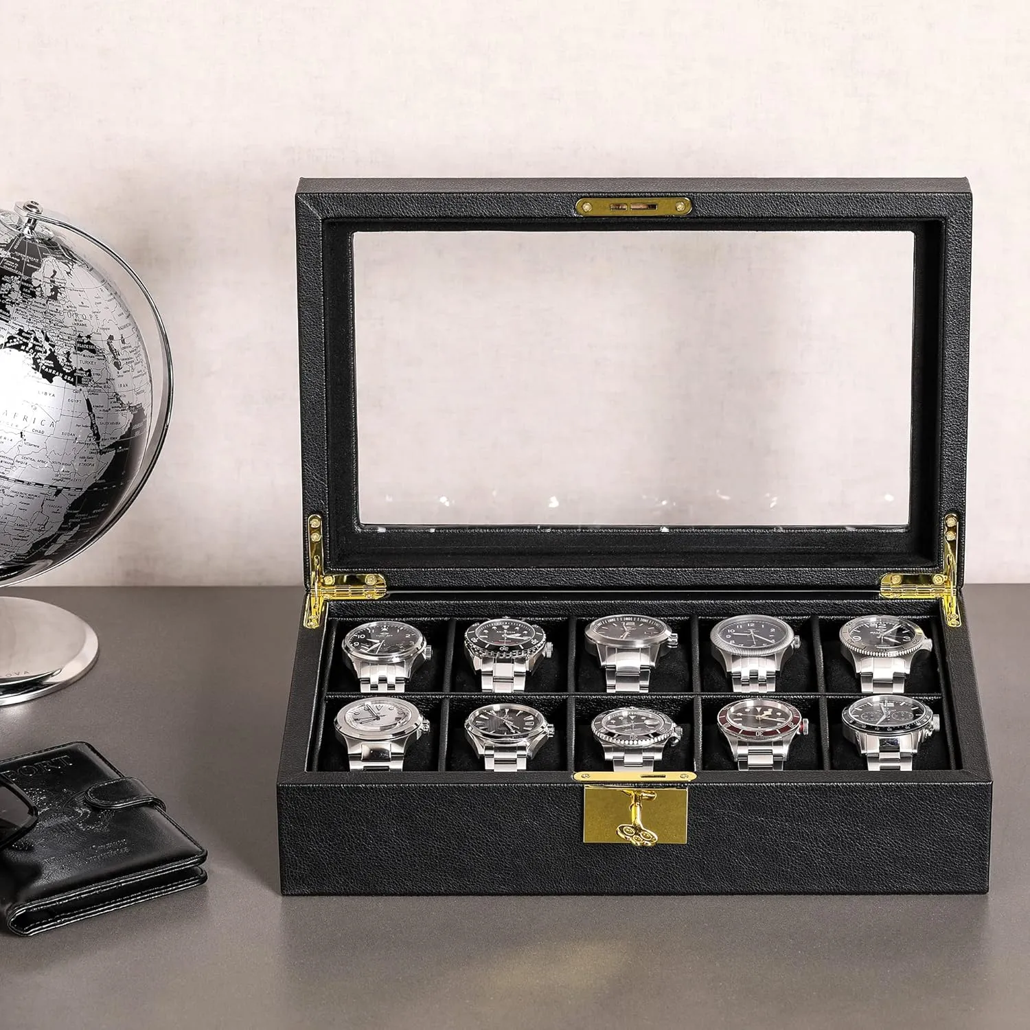 ROTHWELL 10 Slot Leather Watch Box - Luxury Case Display Jewelry Organizer - Locking Watch Display Case Holder with Large Glass Top - Box Organizer for Men and Women (Black/Black)