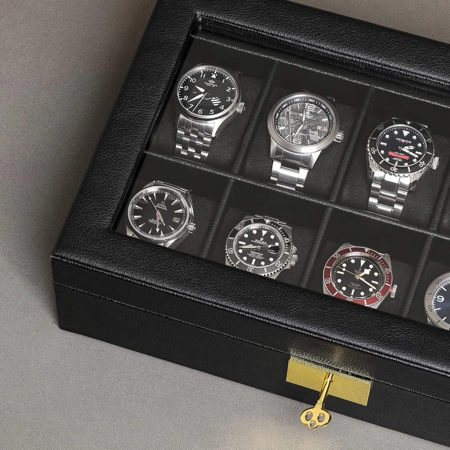 ROTHWELL 10 Slot Leather Watch Box - Luxury Case Display Jewelry Organizer - Locking Watch Display Case Holder with Large Glass Top - Box Organizer for Men and Women (Black/Black)