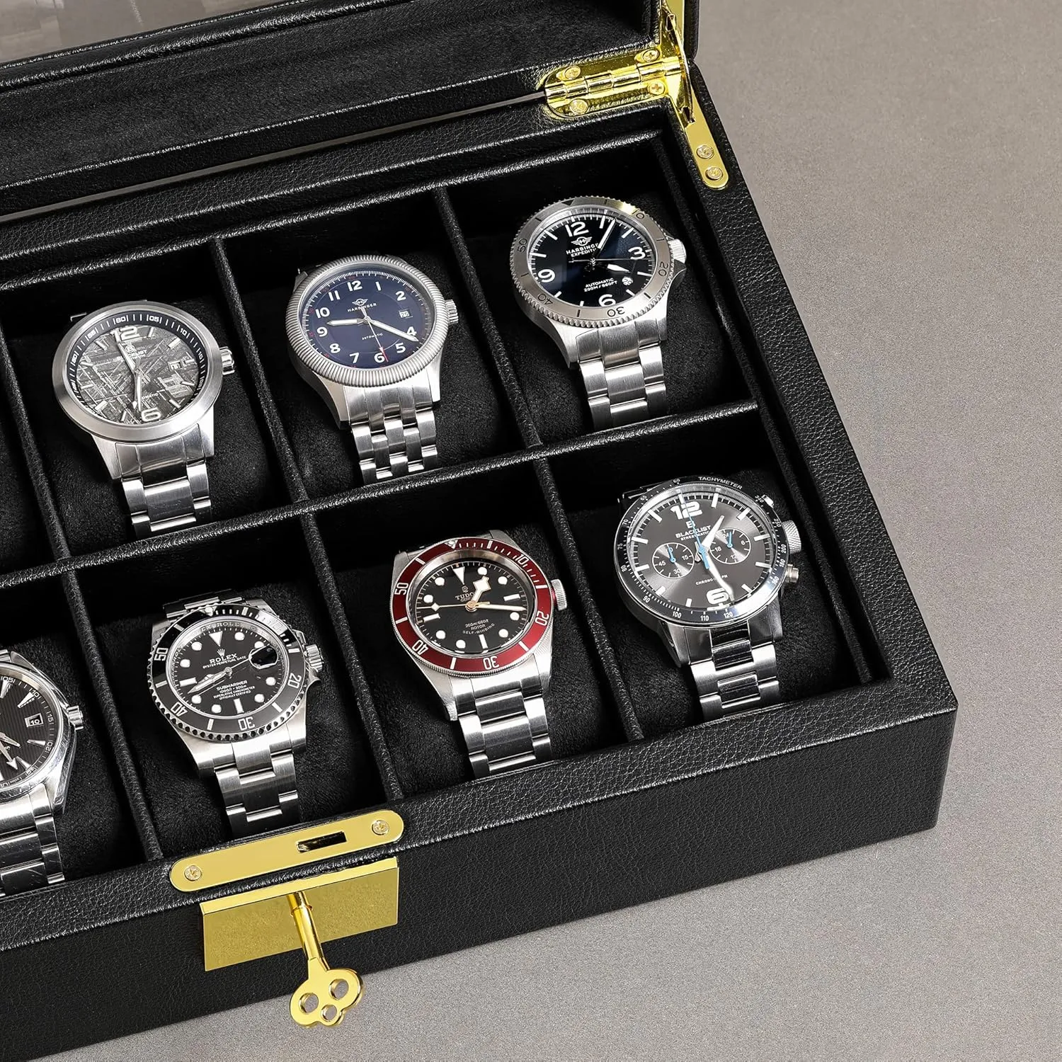 ROTHWELL 10 Slot Leather Watch Box - Luxury Case Display Jewelry Organizer - Locking Watch Display Case Holder with Large Glass Top - Box Organizer for Men and Women (Black/Black)
