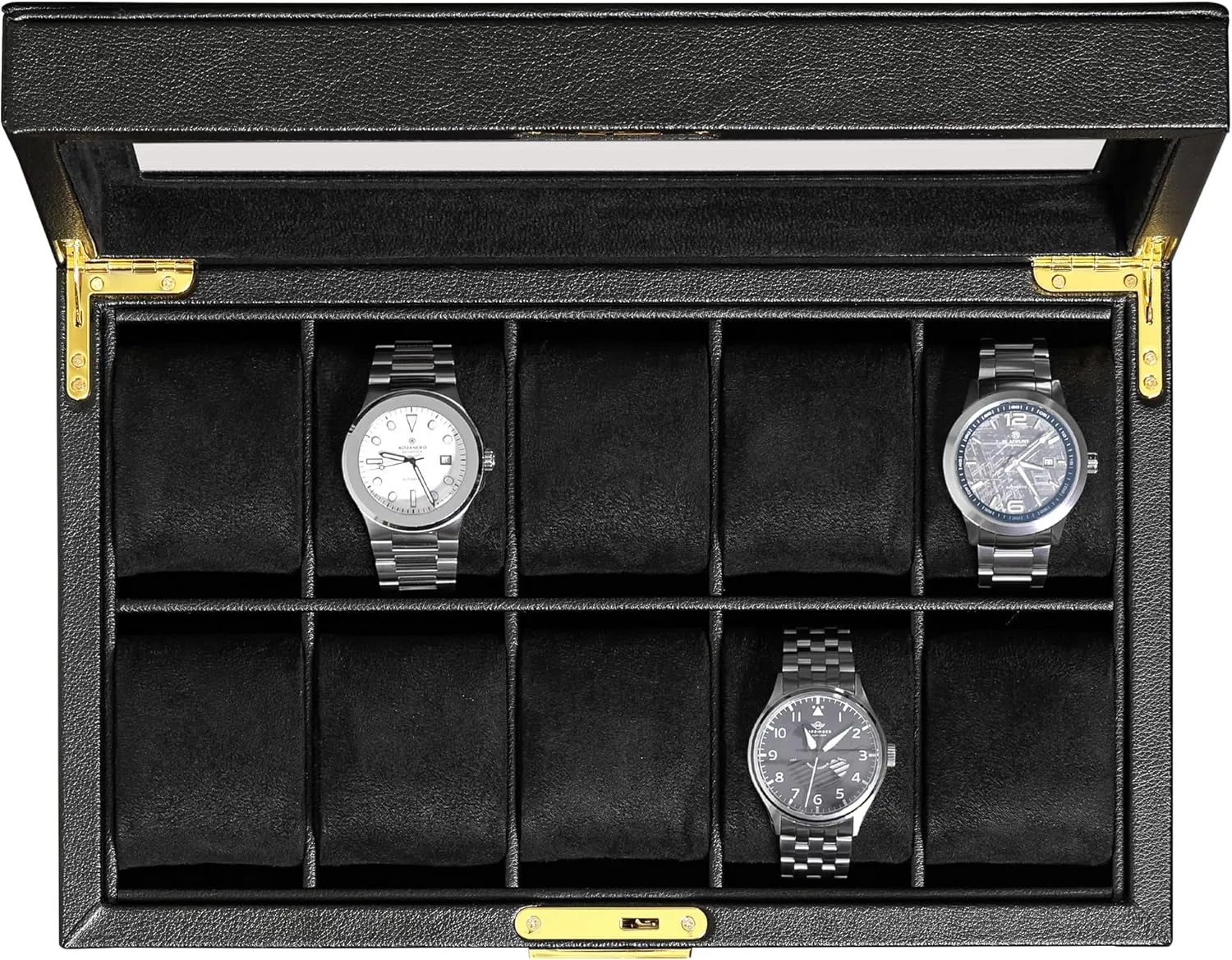 ROTHWELL 10 Slot Leather Watch Box - Luxury Case Display Jewelry Organizer - Locking Watch Display Case Holder with Large Glass Top - Box Organizer for Men and Women (Black/Black)