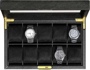 ROTHWELL 10 Slot Leather Watch Box - Luxury Case Display Jewelry Organizer - Locking Watch Display Case Holder with Large Glass Top - Box Organizer for Men and Women (Black/Black)