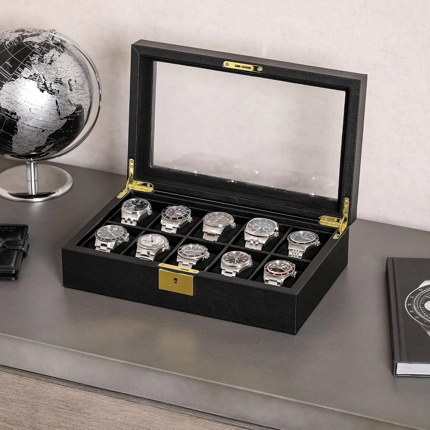 ROTHWELL 10 Slot Leather Watch Box - Luxury Case Display Jewelry Organizer - Locking Watch Display Case Holder with Large Glass Top - Box Organizer for Men and Women (Black/Black)