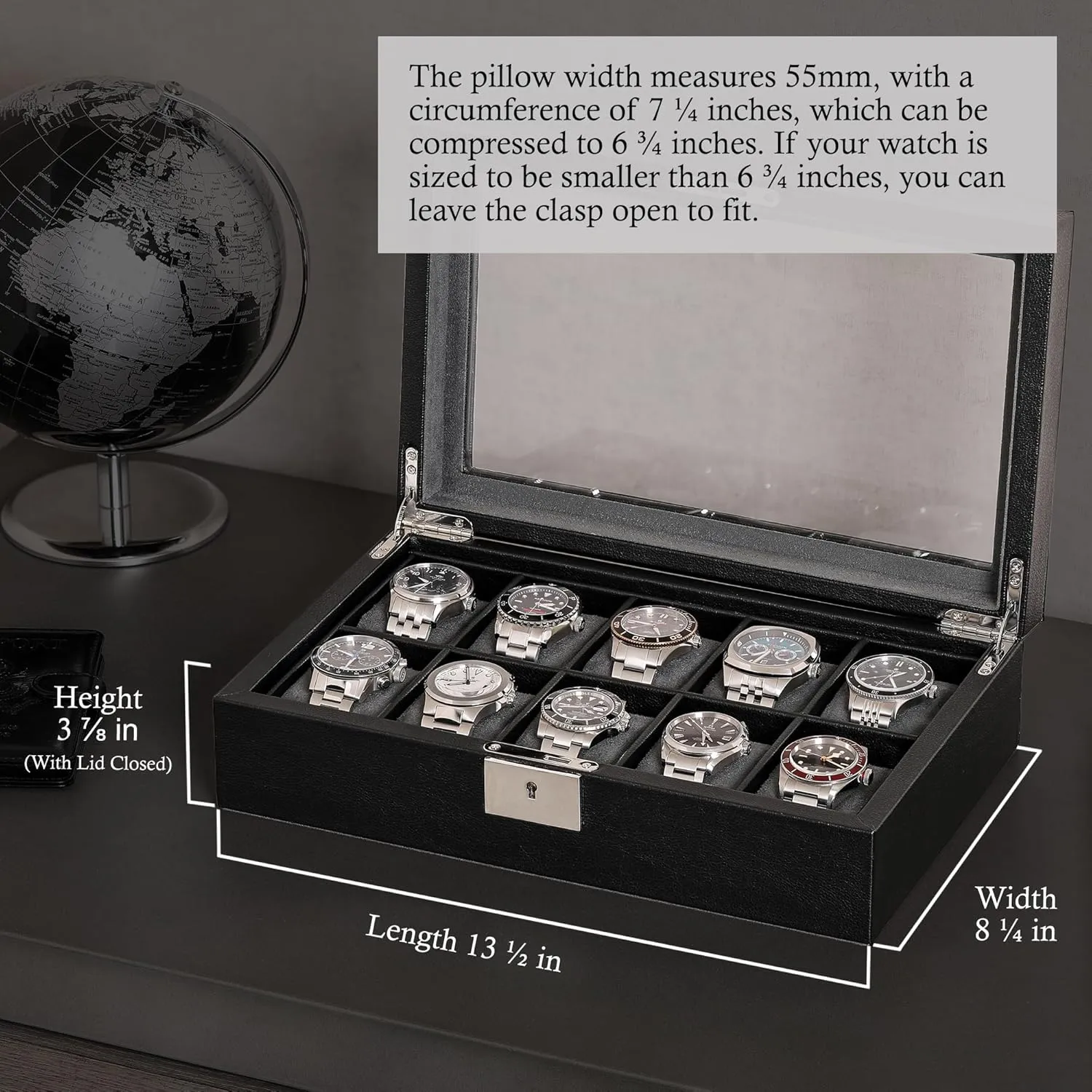 ROTHWELL 10 Slot Leather Watch Box - Luxury Case Display Jewelry Organizer - Locking Watch Display Case Holder with Large Glass Top - Box Organizer for Men and Women (Black/Grey)