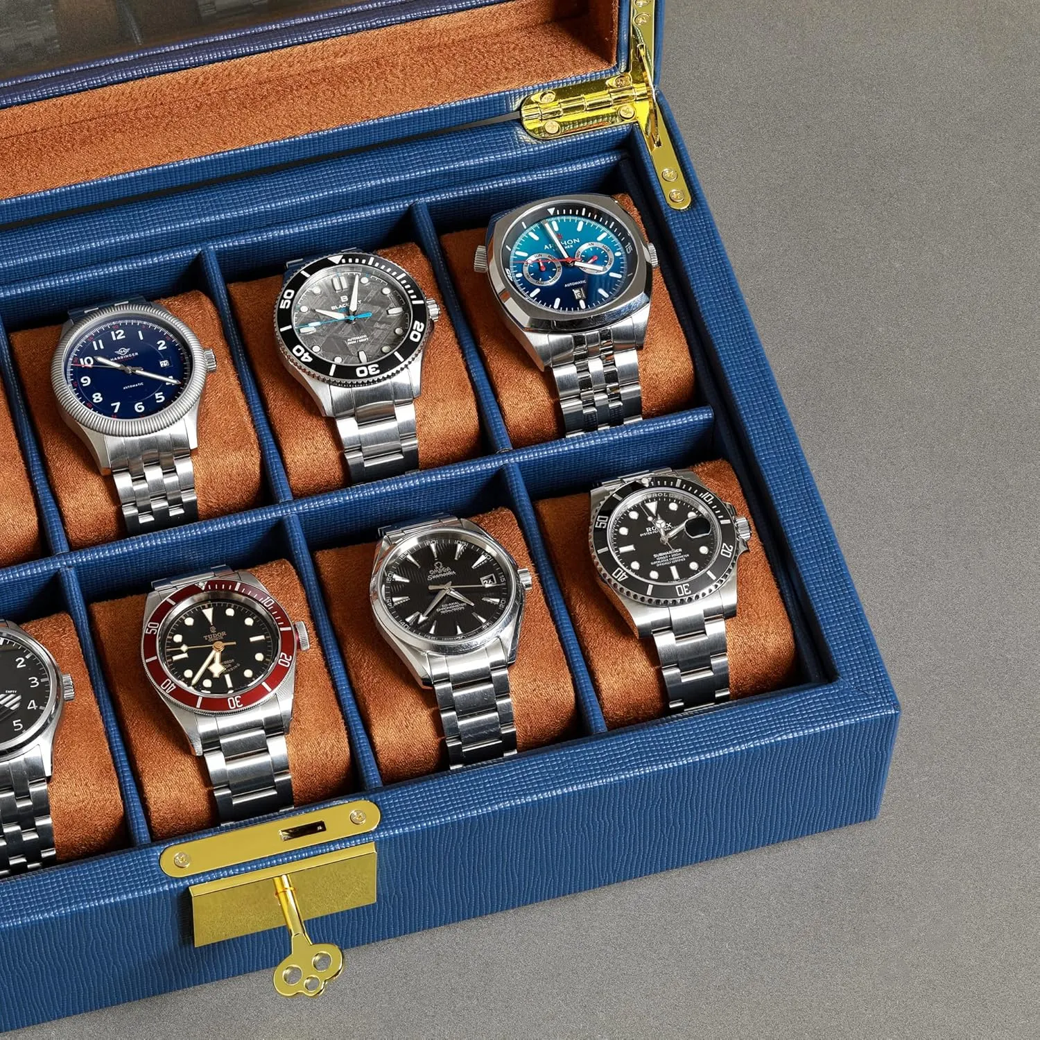 ROTHWELL 10 Slot Leather Watch Box - Luxury Case Display Jewelry Organizer - Locking Watch Display Case Holder with Large Glass Top - Box Organizer for Men and Women (Blue/Tan)