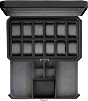 ROTHWELL 12 Slot Leather Watch Box with Valet Drawer - Luxury Watch and Jewelry Case Display Organizer, Microsuede liner, Mens Locking Storage Holder Large Glass Top (Black/Grey)