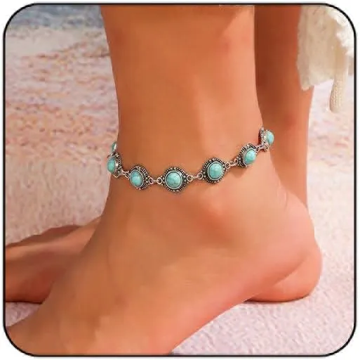 Rrdaily Vintage Faux Turquoise Anklet Silver Chain Foot Anklet Boho Western Cowgirl Anklet Adjustable Chain Anklet Beach Holiday Jewelry for Women