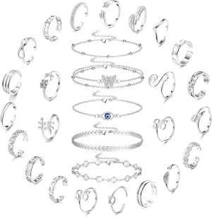 Sanfenly Anklets and Toe Ring Set for Women Silver Anklet Bracelets Open Adjustable Toe Ring Flower Wave Heart Tail Pinky Band Rings Summer Beach Foot Jewelry