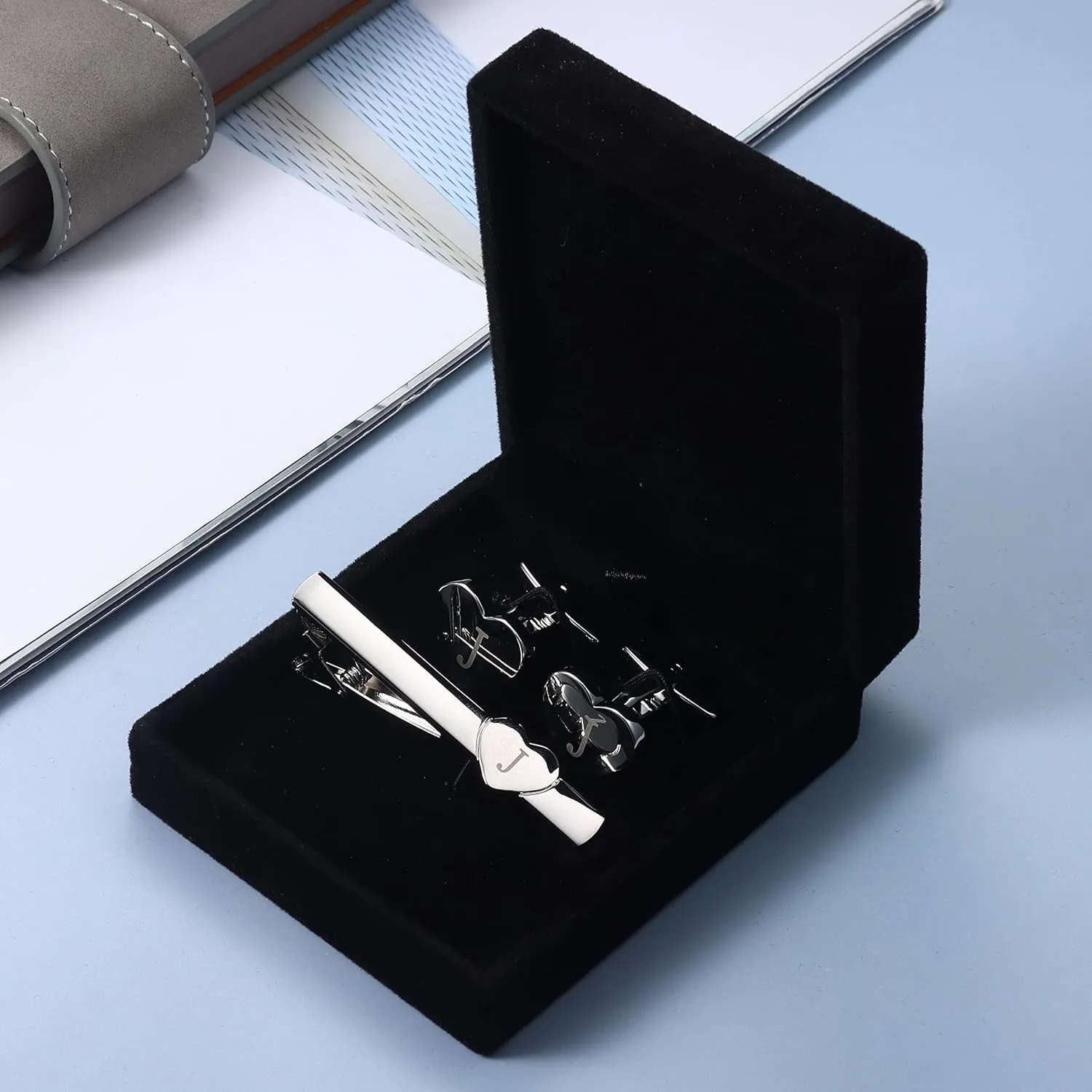 Sanfenly Cufflinks and Tie Clip for Men Set, Unique Heart Initial Cuff Links and Tie Bar Clip Personalized Alphabet Letter A-Z Cuff Links/Tie Clip Set with Box Anniversary Groomsmen Gift