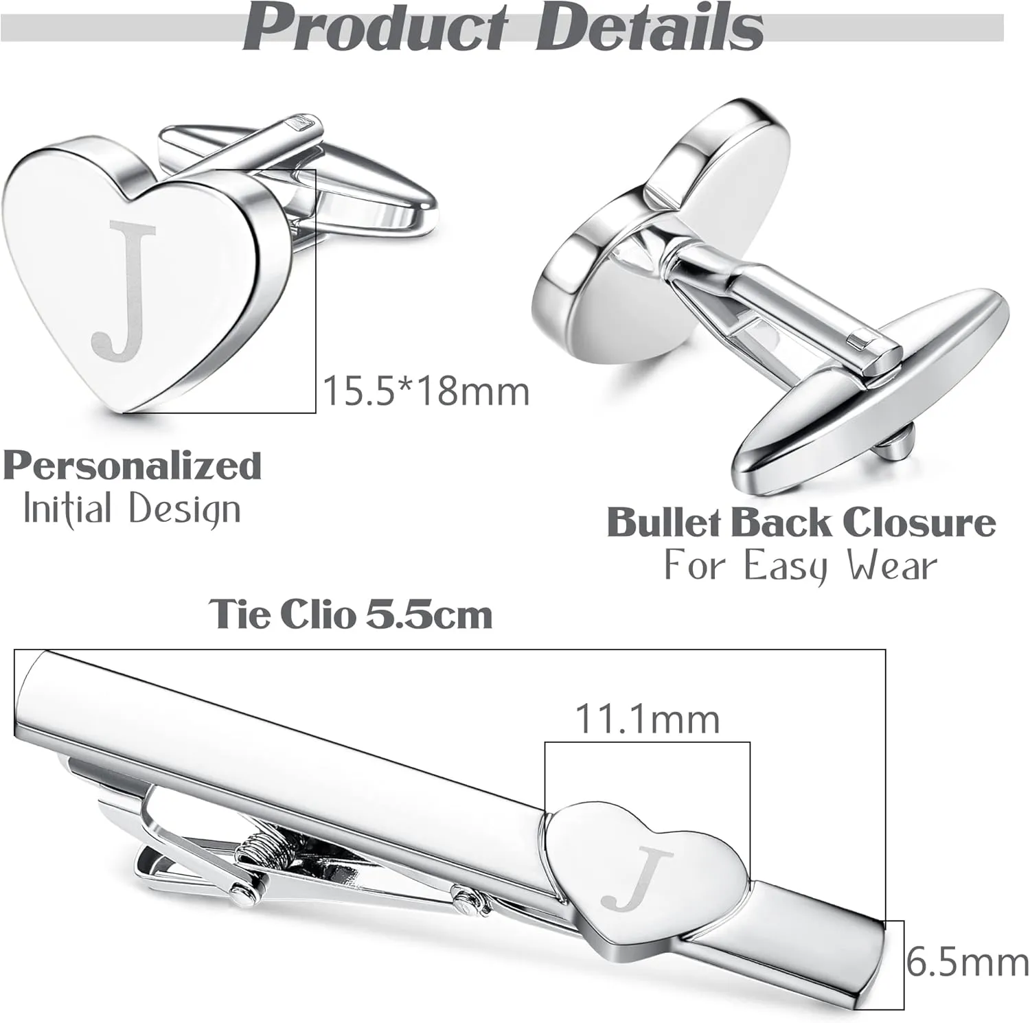 Sanfenly Cufflinks and Tie Clip for Men Set, Unique Heart Initial Cuff Links and Tie Bar Clip Personalized Alphabet Letter A-Z Cuff Links/Tie Clip Set with Box Anniversary Groomsmen Gift