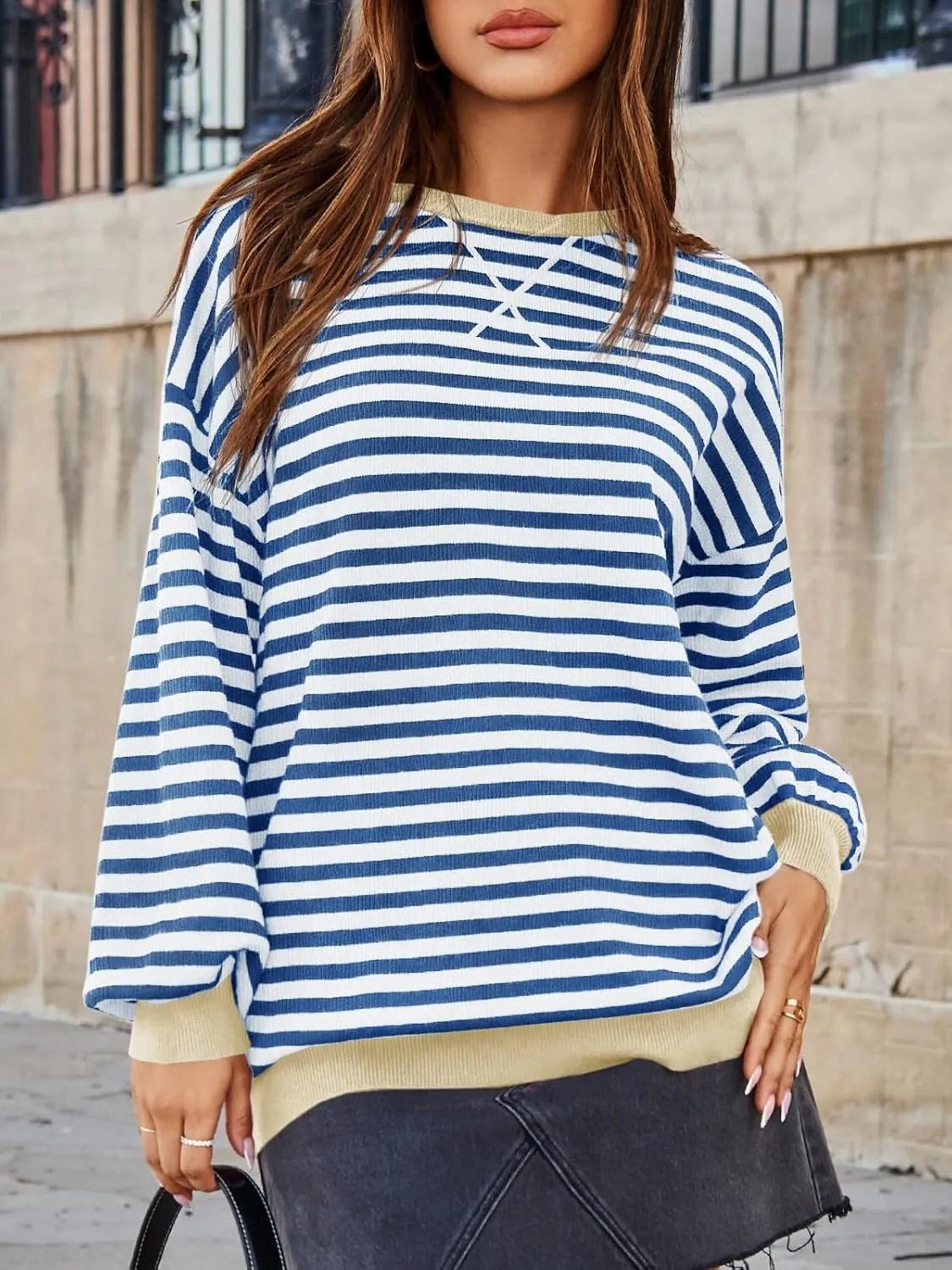 Saodimallsu Womens Striped Oversized Sweater Crewneck Long Sleeve Color Block Fall Sweaters Casual Soft Pullover Sweatshirt