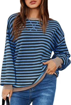Saodimallsu Womens Striped Oversized Sweater Crewneck Long Sleeve Color Block Fall Sweaters Casual Soft Pullover Sweatshirt