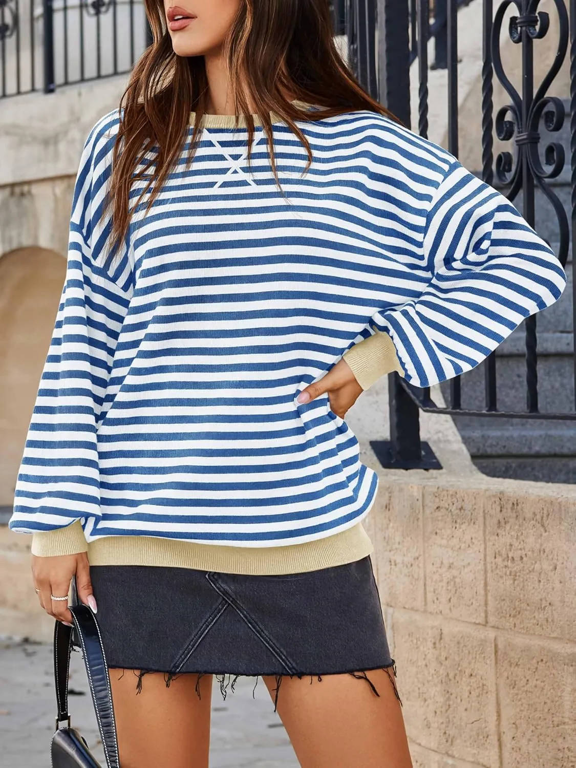 Saodimallsu Womens Striped Oversized Sweater Crewneck Long Sleeve Color Block Fall Sweaters Casual Soft Pullover Sweatshirt