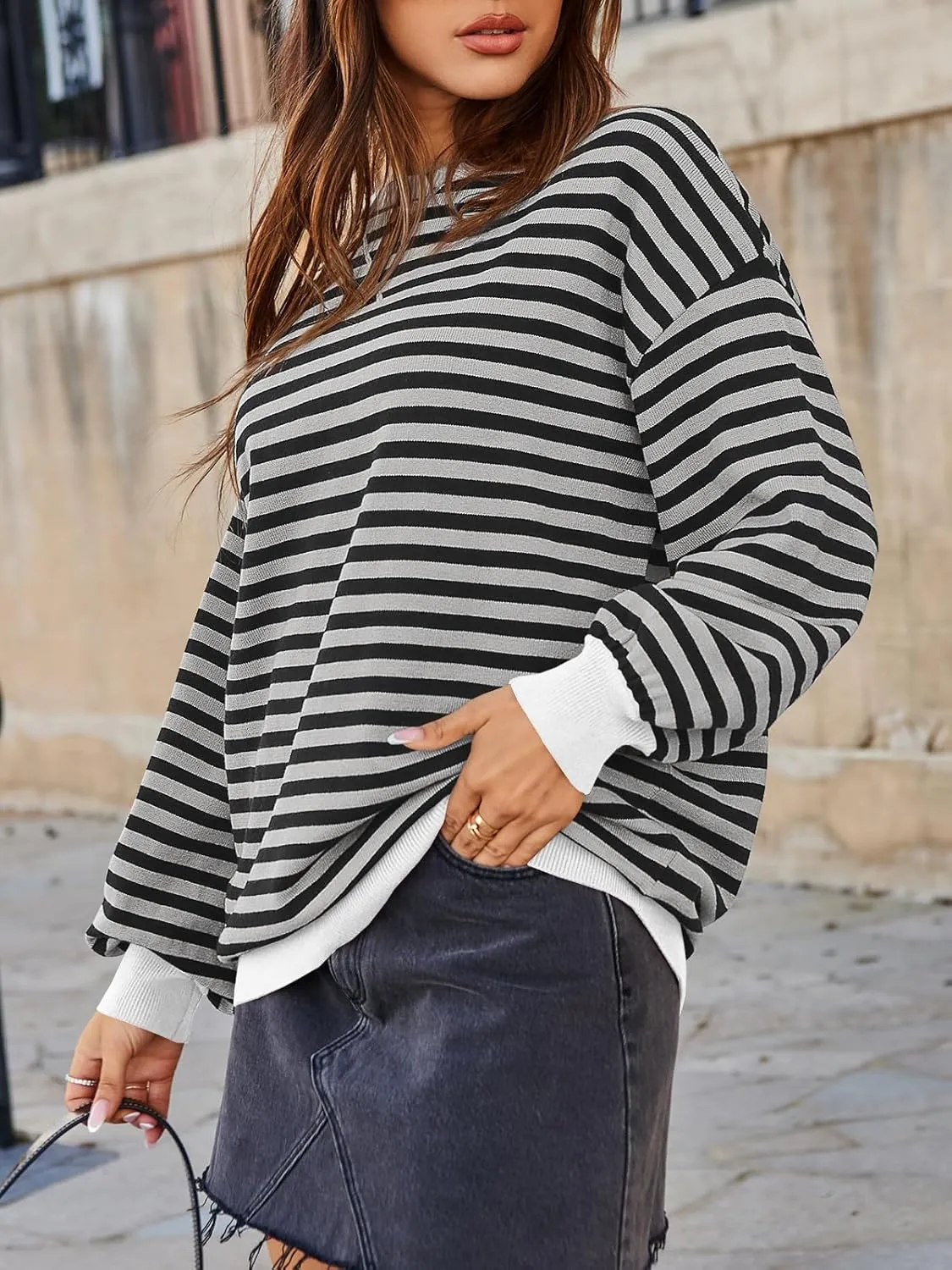 Saodimallsu Womens Striped Oversized Sweater Crewneck Long Sleeve Color Block Fall Sweaters Casual Soft Pullover Sweatshirt