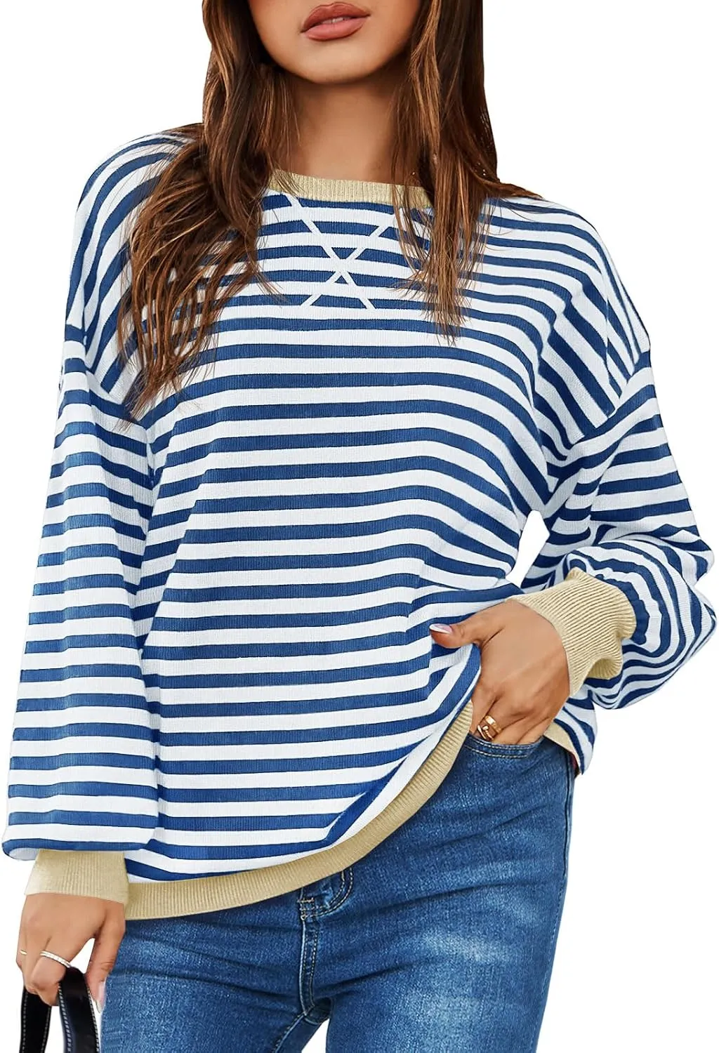Saodimallsu Womens Striped Oversized Sweater Crewneck Long Sleeve Color Block Fall Sweaters Casual Soft Pullover Sweatshirt