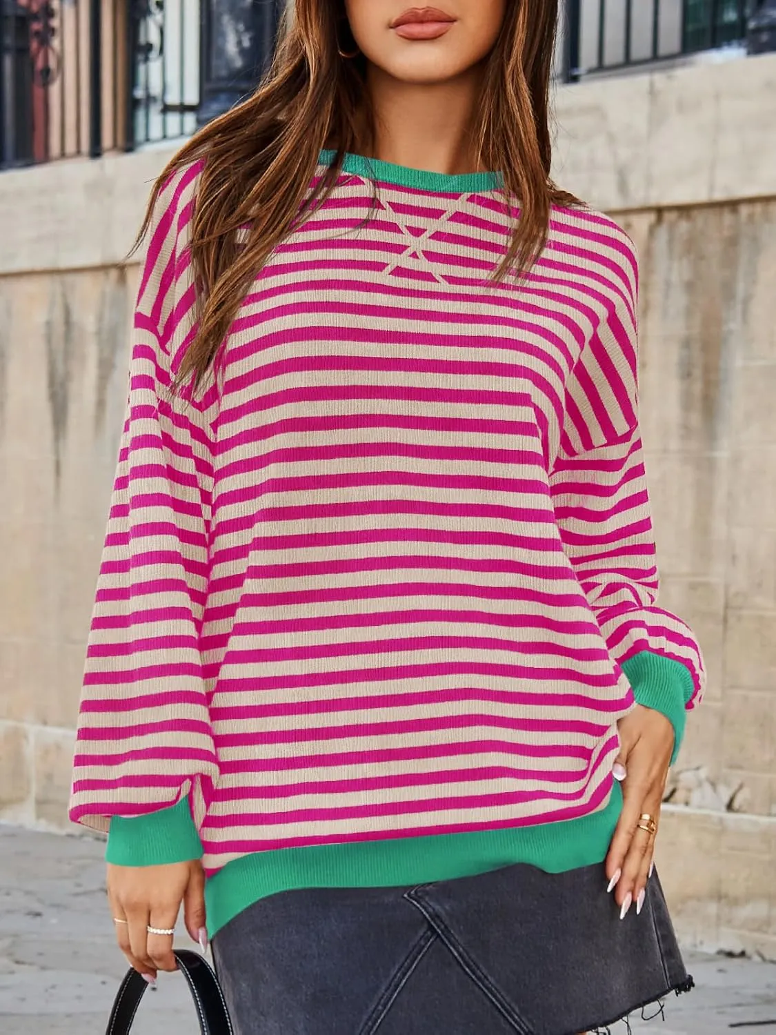 Saodimallsu Womens Striped Oversized Sweater Crewneck Long Sleeve Color Block Fall Sweaters Casual Soft Pullover Sweatshirt