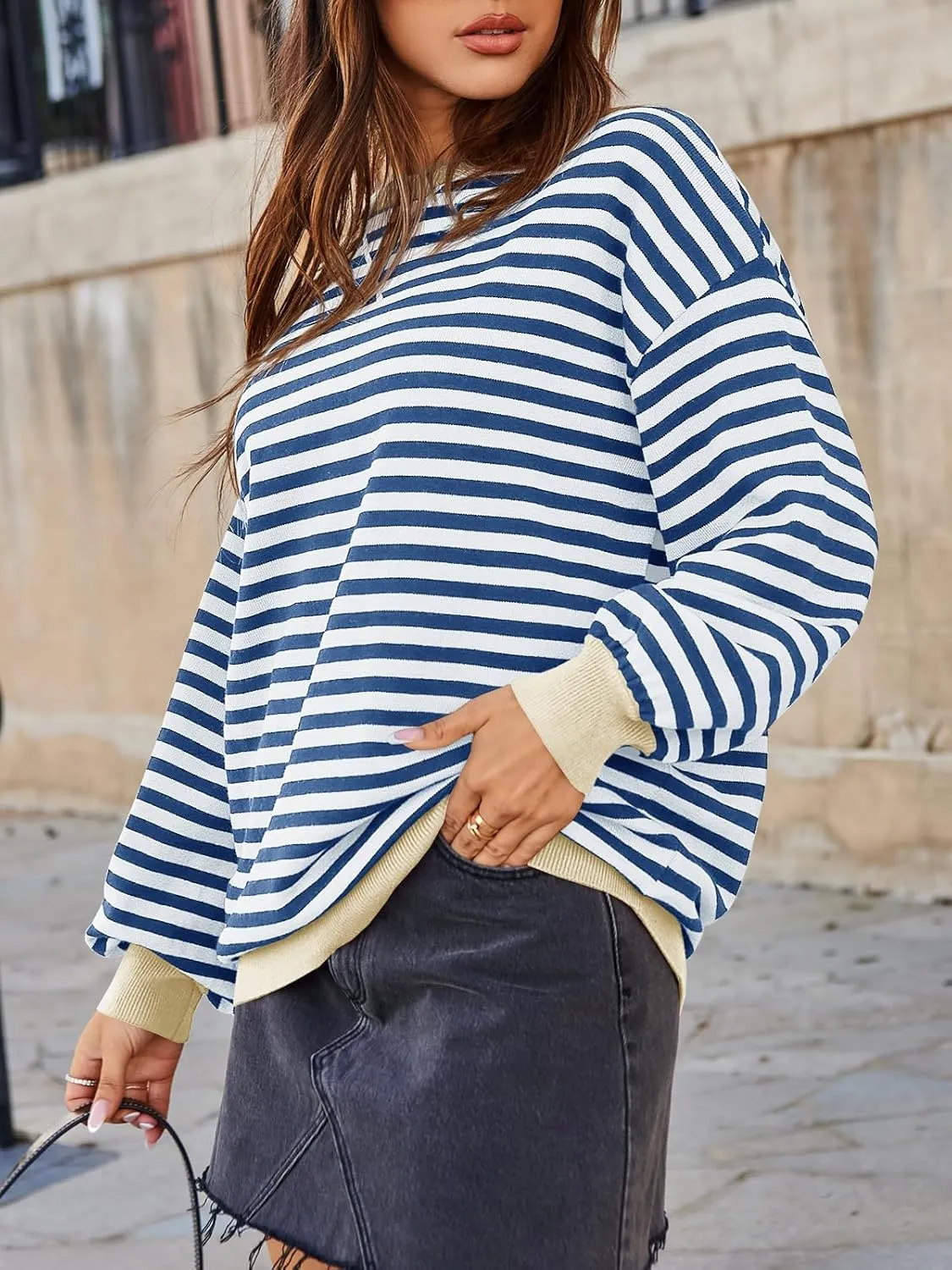 Saodimallsu Womens Striped Oversized Sweater Crewneck Long Sleeve Color Block Fall Sweaters Casual Soft Pullover Sweatshirt