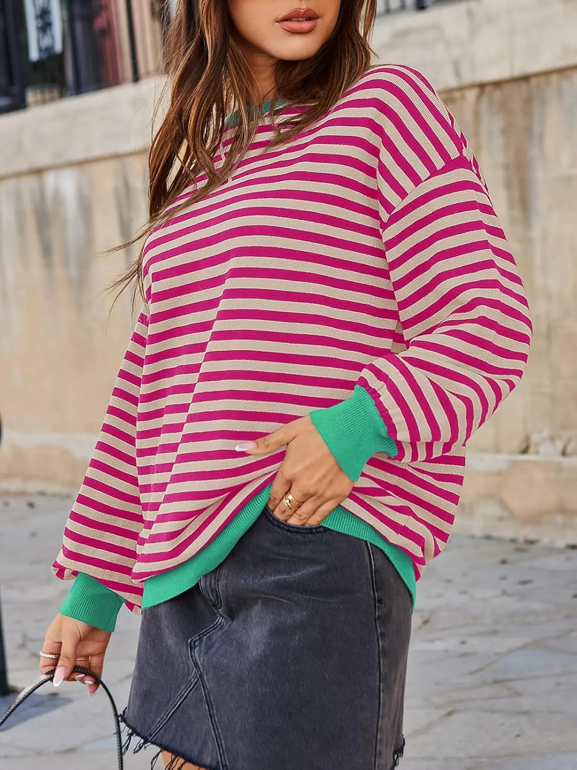 Saodimallsu Womens Striped Oversized Sweater Crewneck Long Sleeve Color Block Fall Sweaters Casual Soft Pullover Sweatshirt