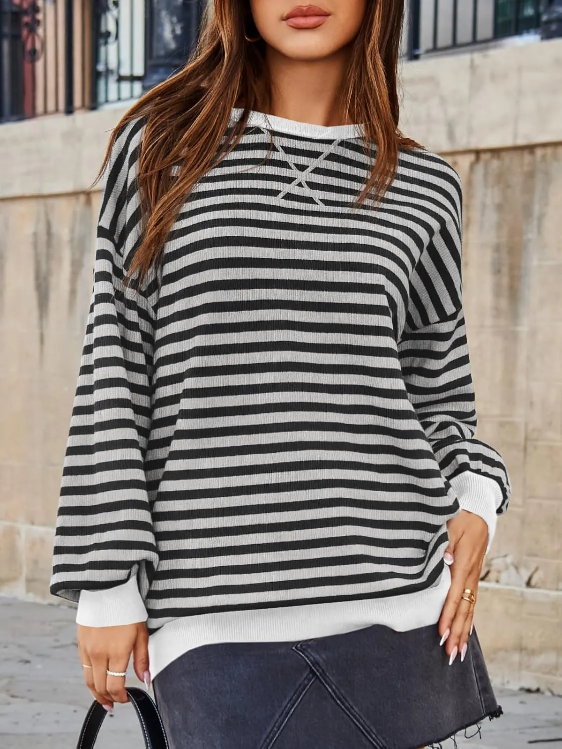 Saodimallsu Womens Striped Oversized Sweater Crewneck Long Sleeve Color Block Fall Sweaters Casual Soft Pullover Sweatshirt