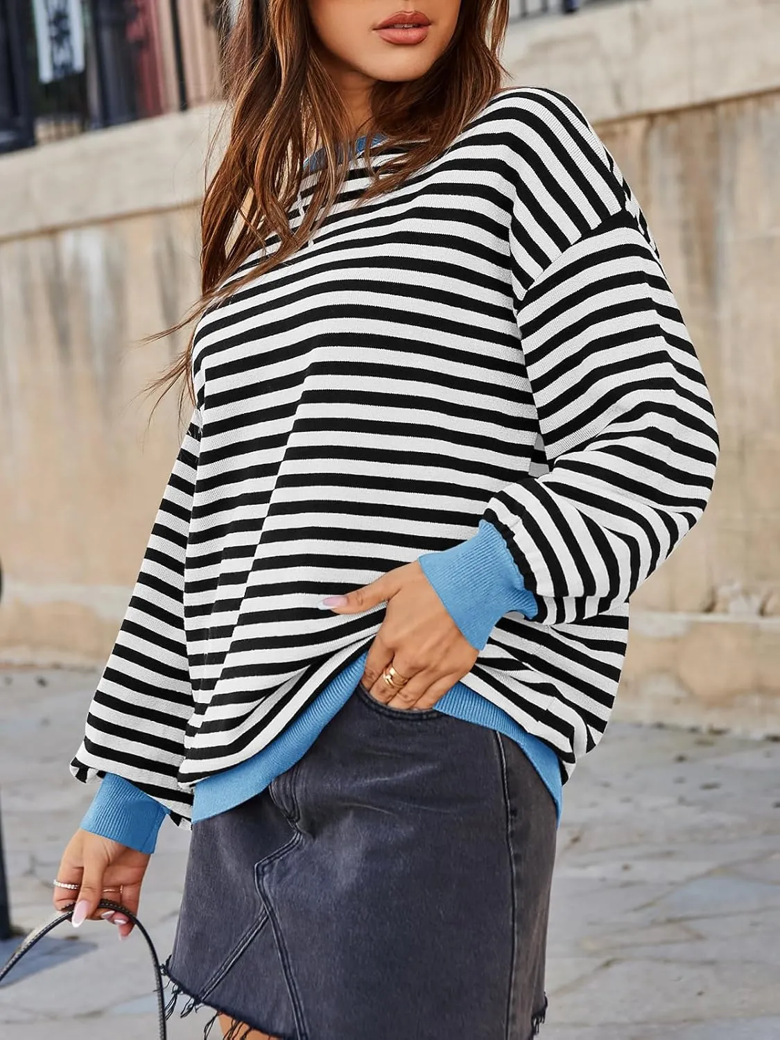 Saodimallsu Womens Striped Oversized Sweater Crewneck Long Sleeve Color Block Fall Sweaters Casual Soft Pullover Sweatshirt