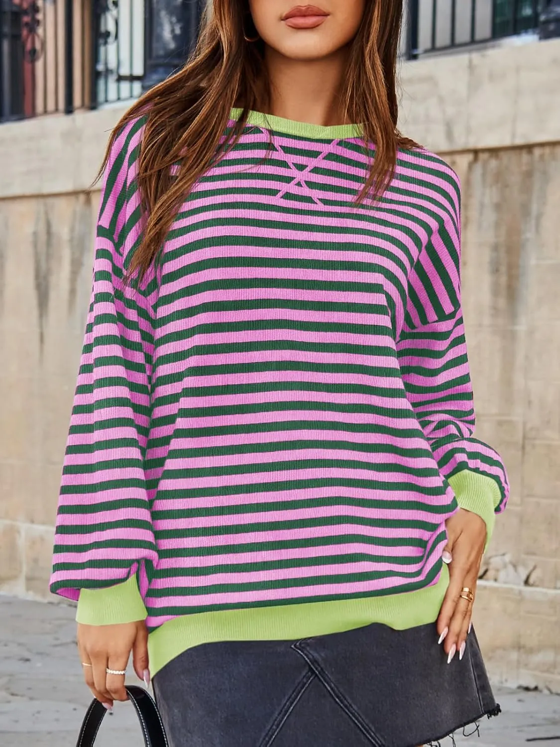 Saodimallsu Womens Striped Oversized Sweater Crewneck Long Sleeve Color Block Fall Sweaters Casual Soft Pullover Sweatshirt