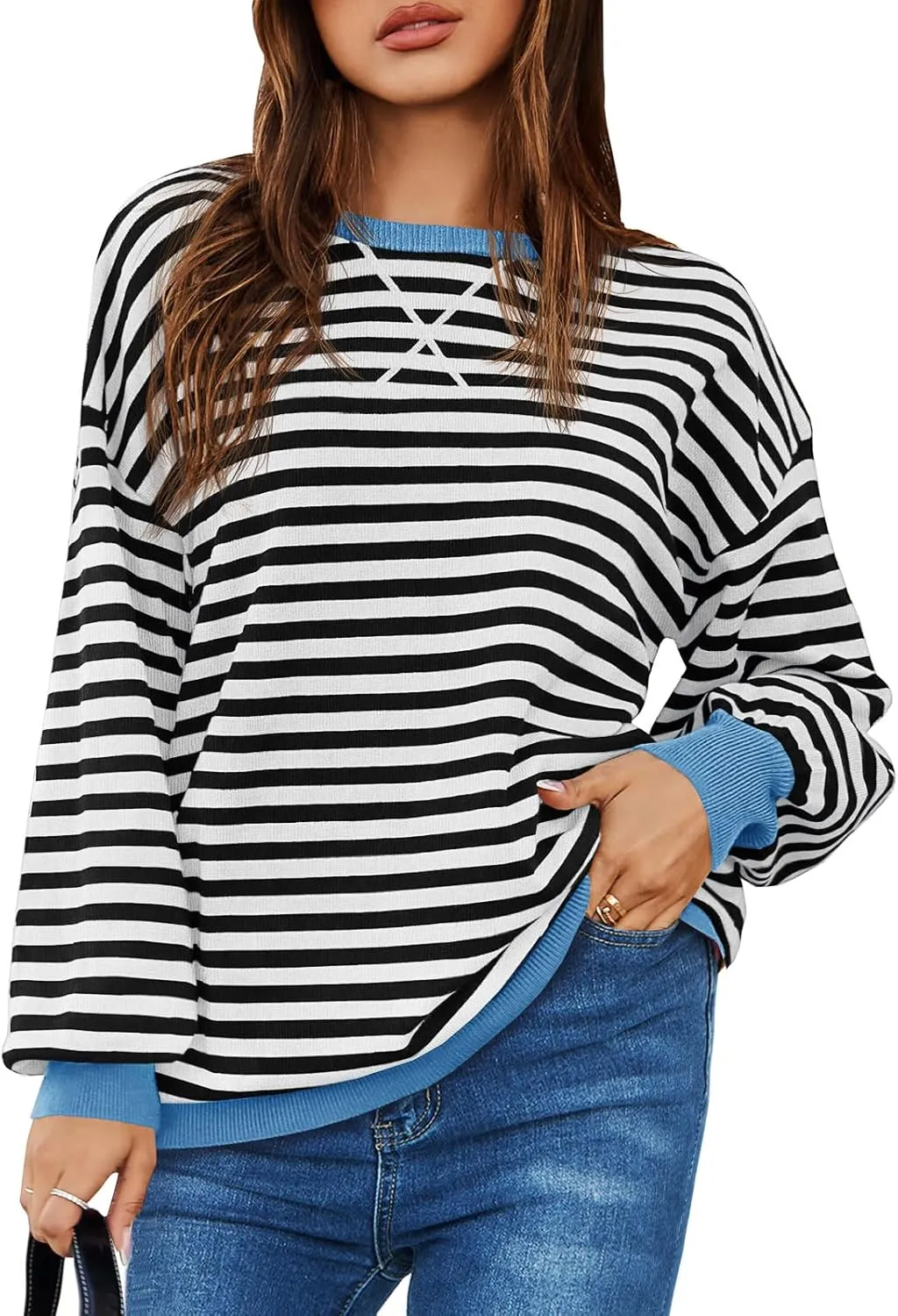 Saodimallsu Womens Striped Oversized Sweater Crewneck Long Sleeve Color Block Fall Sweaters Casual Soft Pullover Sweatshirt