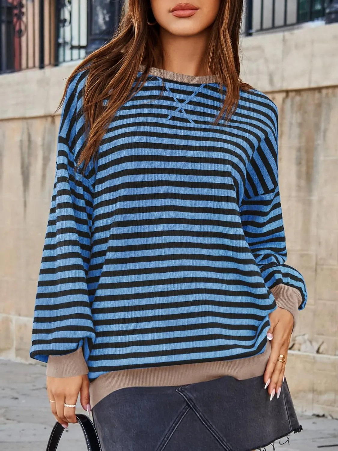 Saodimallsu Womens Striped Oversized Sweater Crewneck Long Sleeve Color Block Fall Sweaters Casual Soft Pullover Sweatshirt