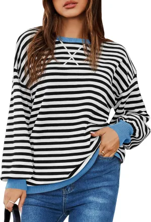 Saodimallsu Womens Striped Oversized Sweater Crewneck Long Sleeve Color Block Fall Sweaters Casual Soft Pullover Sweatshirt