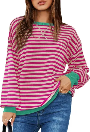 Saodimallsu Womens Striped Oversized Sweater Crewneck Long Sleeve Color Block Fall Sweaters Casual Soft Pullover Sweatshirt