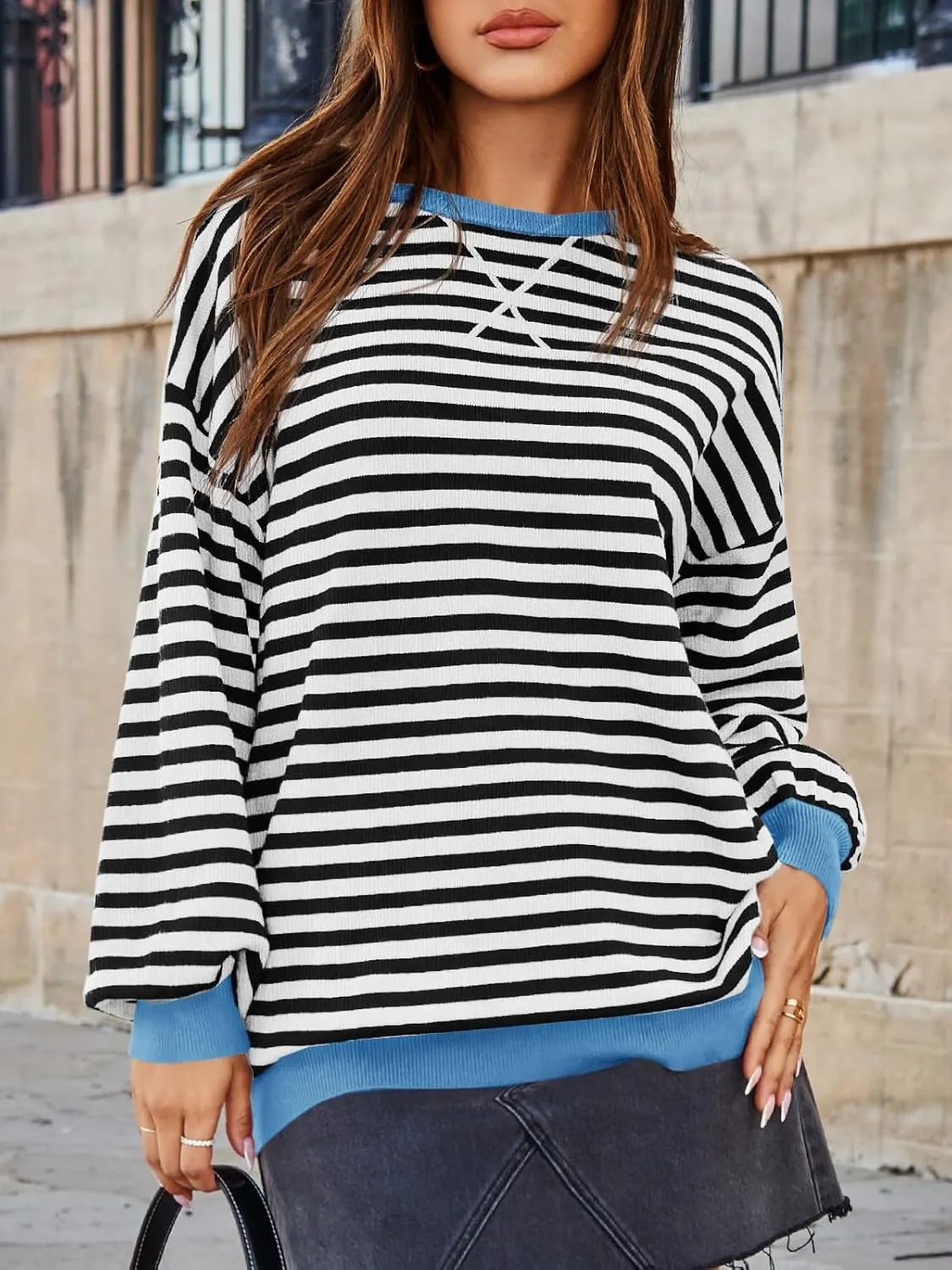 Saodimallsu Womens Striped Oversized Sweater Crewneck Long Sleeve Color Block Fall Sweaters Casual Soft Pullover Sweatshirt