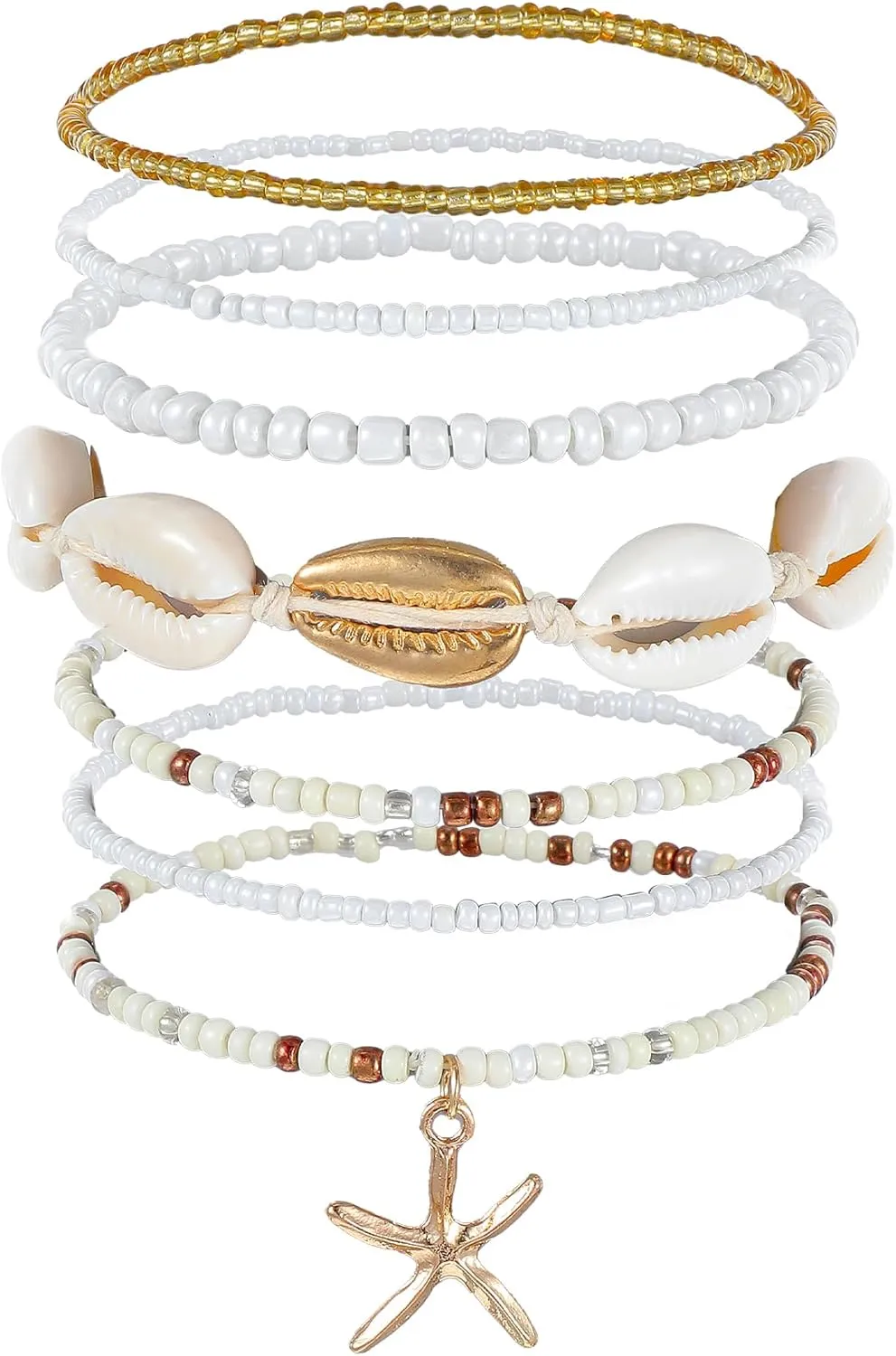 Sea Shell Bracelet Set for Women - Handmade Boho Layered Beaded Stretch Bracelets with Starfish Charms, Summer Beach Jewelry Gift (Adjustable Beach Accessories)
