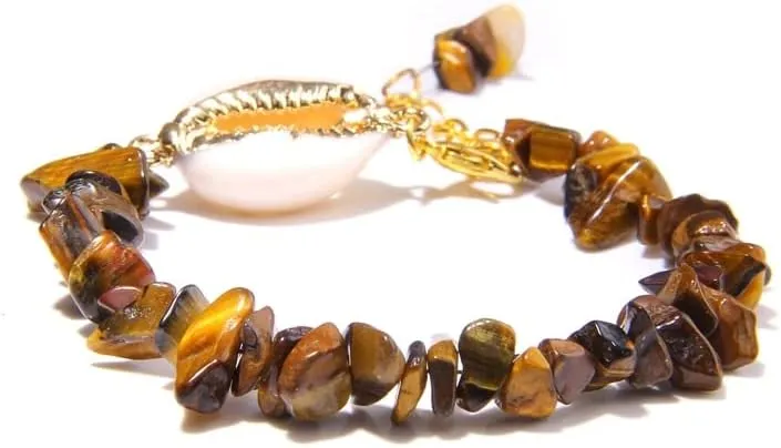 Semiprecious Aquamarines Chip Stone Bracelets Women Hawaii Style Sea Beach Gold Shell Pendant Bangle Blue Pulsera for Women - ( Metal Color: Tiger Eye )