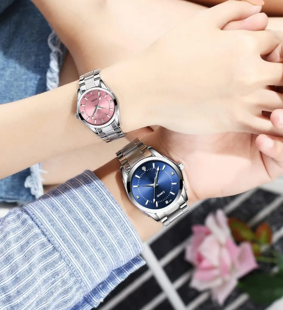 SENRUD Couple Watches Men and Women Gold Silver Stainless Steel Watch Fashion his and Hers Watches Set
